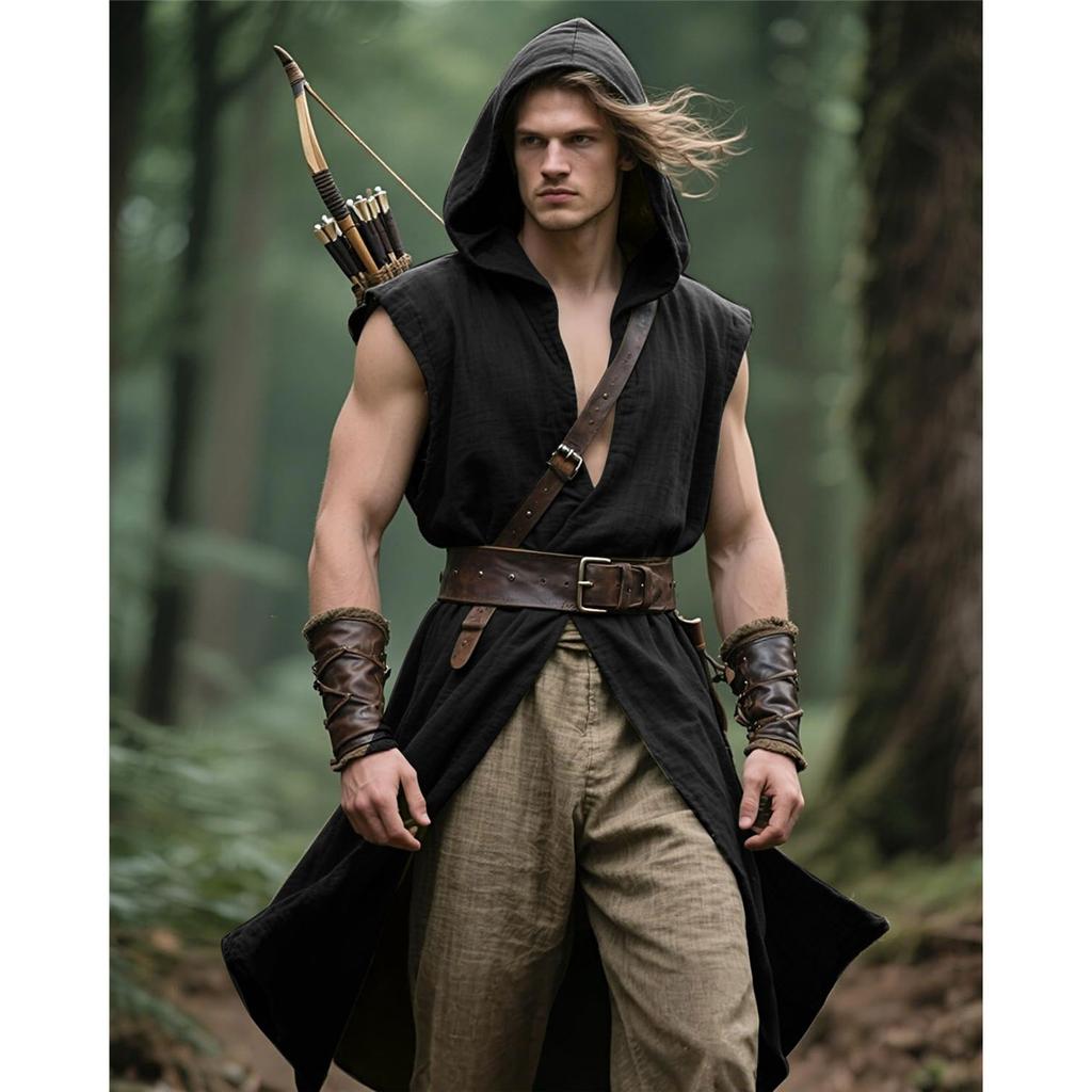 Men's Hooded Sleeveless Tunic Renaissance Robe Viking Sleeveless Vest