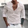 Fall Spring Men Top V Neck Striped Print Color Matching Long Sleeves Pullover Mid Length Casual Daily Wear Work Shirt