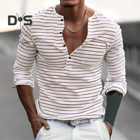Fall Spring Men Top V Neck Striped Print Color Matching Long Sleeves Pullover Mid Length Casual Daily Wear Work Shirt