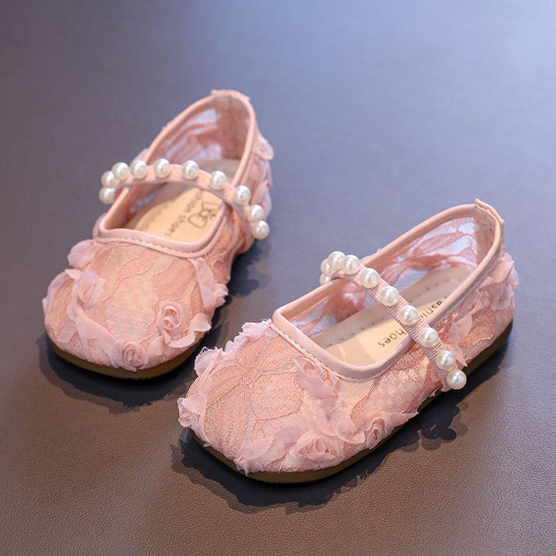 Girls flower petal small single shoes summer new children medium children sweet mesh pearl solid color mesh