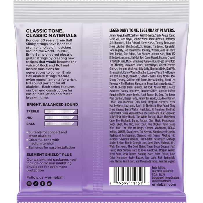 Ernie Ball 2327 Ukulélé Nylon Noir Concert Ténor 28-40 Cordes guitare