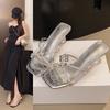 Fairy open-toed slippers female wearing rhinestone transparent semi-mop 2025 summer new fashionable versatile high-heeled cool slippers