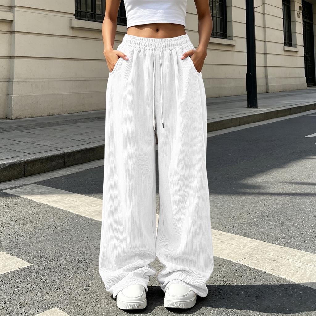 Women's Corduroy Drawstring Wide Leg Pants with Pockets - Loose Fit Casual Trousers for Daily Wear