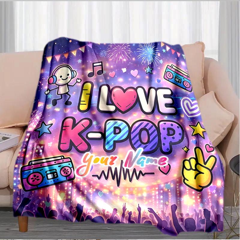 1PC Custom Name Love K-Pop Festival Outdooor Flannel Blankets Throw Blanket All-Season Throw Gift Bedspread for Couch, Bed, Camping Holiday Birthday G