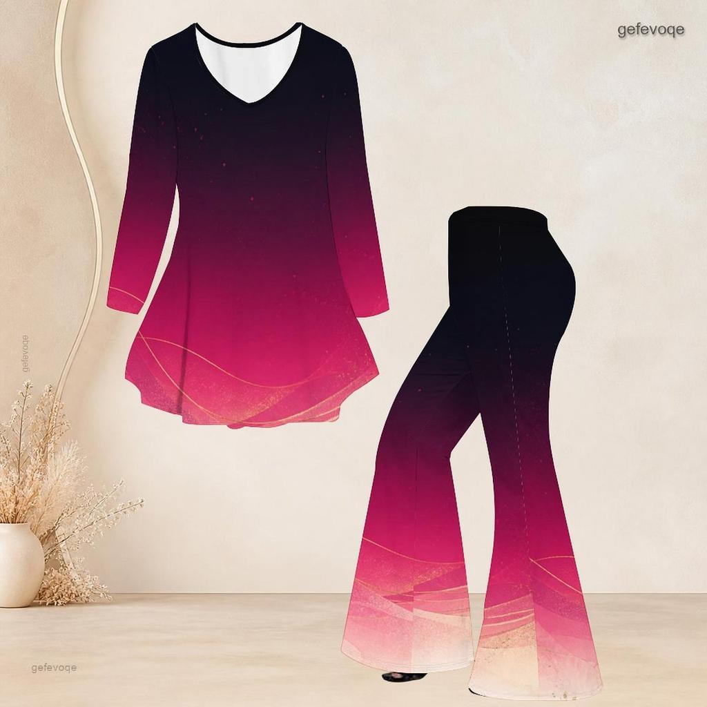 Women Plus Size Printed V Neck Three Quarter Sleeve Flared Top Flared Pants Two Piece Set