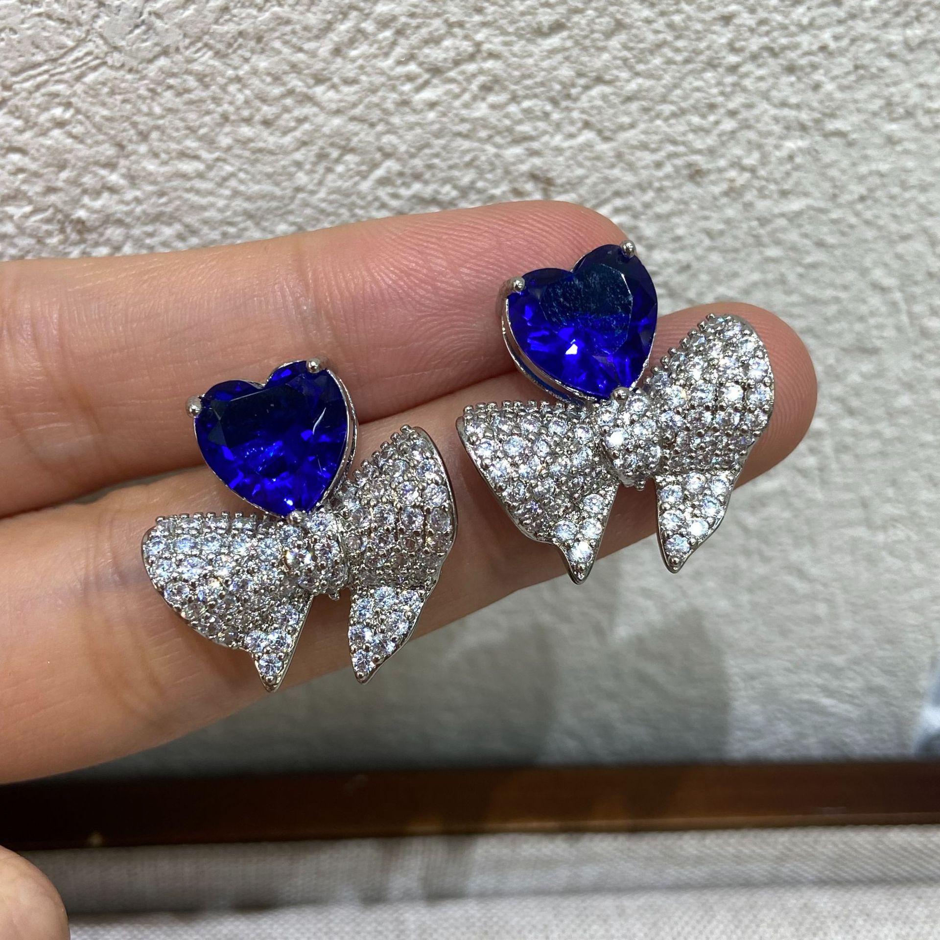 

Sweet Cool Blue Love Zircon Stud Earrings Design Sense Personality Full Zirconium Bow High Sense Sweet Earrings