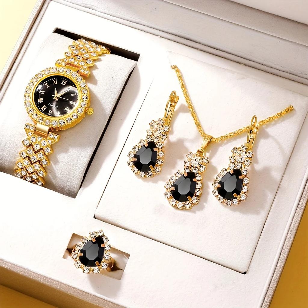 5pcs Women's Watches, Classical Amphibole Quartz Watches, Roman Fashion Simulation Watches, and Jewelry Sets