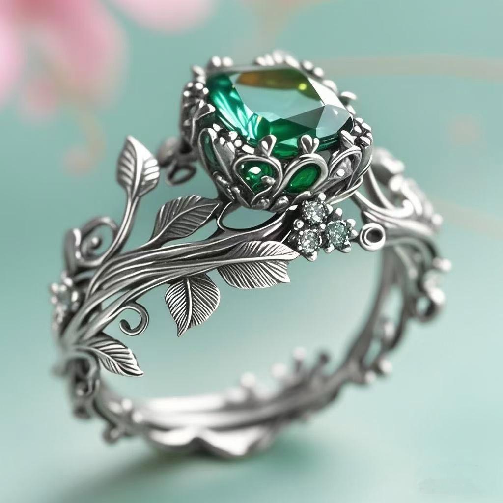 Cross Border Popular Ring Wish Hot Selling Totem Ring Creative Retro Alloy Inlaid Green Crystal Ring