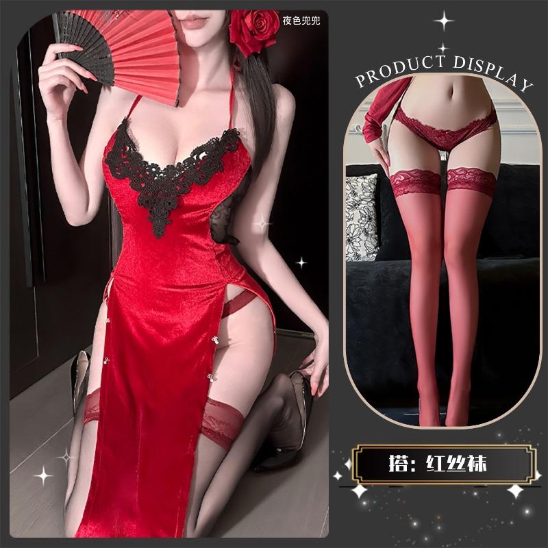 Sexy Underwear Human Cinnabar Mole Deep Velvet Nightdress Sexy Pure Desire High Split Ends Show Buttocks Free of Low Chest Y