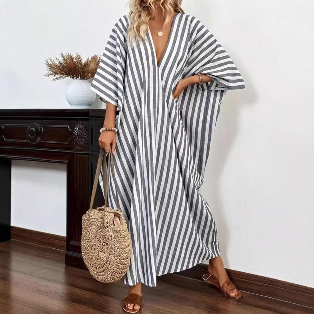 Women's Deep V Neck Short Sleeve Maxi Dress Loose Fit Striped Casual Vacation Long Dress