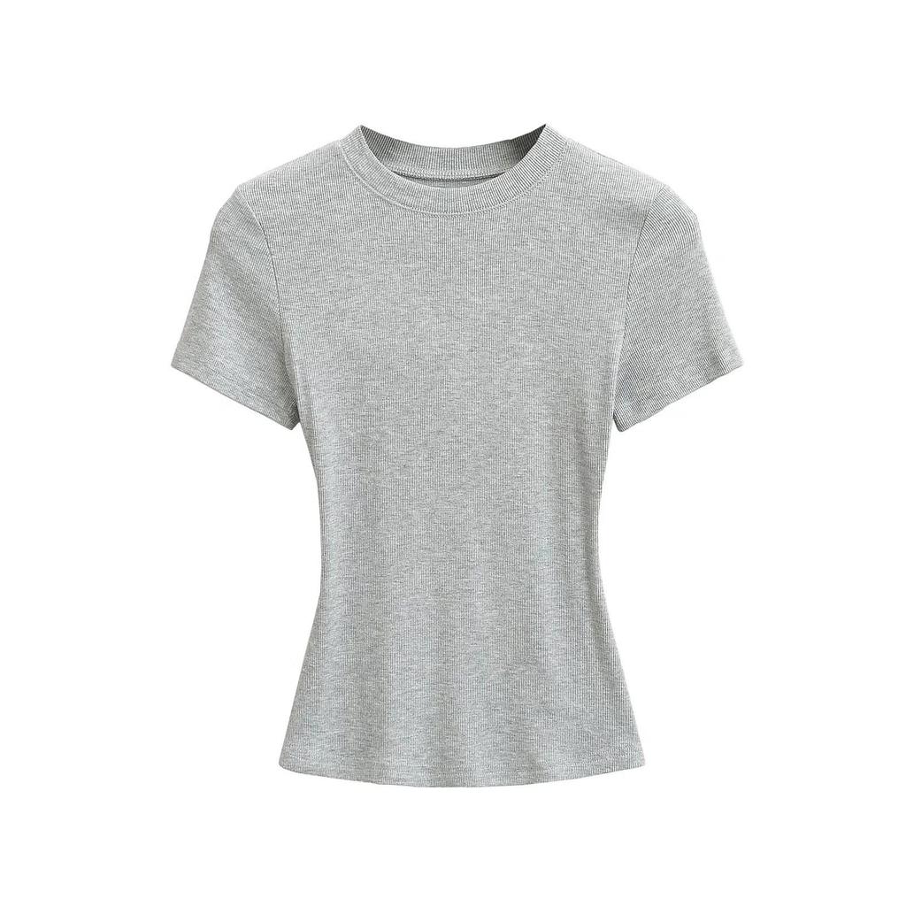 2025 Summer Kardashian Style Ribbed Short Sleeve Top - Solid Color & Sexy Round Neck