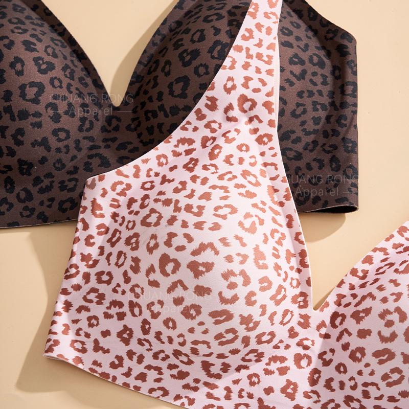 Jelly Glue Underwear Women's Personality Leopard Print Printing Seamless Invisible Thin Large Chest Small Soft Support Bra
