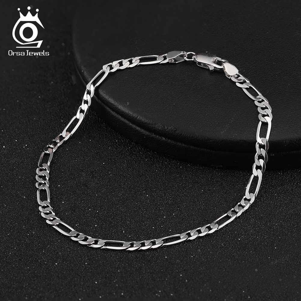 ORSA JEWELS 100% 925 Silver Italian 3.3mm Diamond-Cut Figaro Chain Bracelet for Women Handmade Party Jewelry SB66