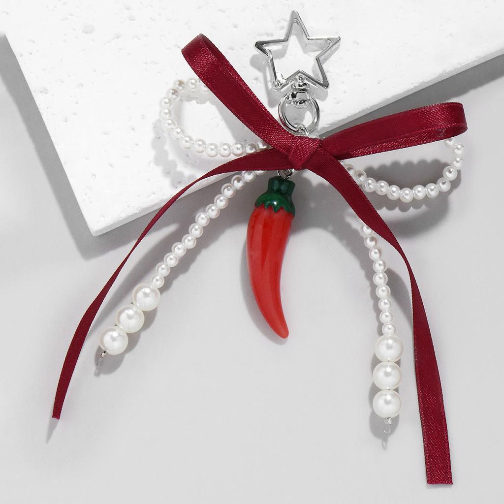 Weinrote Schleife Kirschanhänger Schlüsselanhänger Damen Süße Weiße Perle Schleife Rucksack Schlüsselring Schmuck Taschen Dekoration Freundschaftsgeschenke
