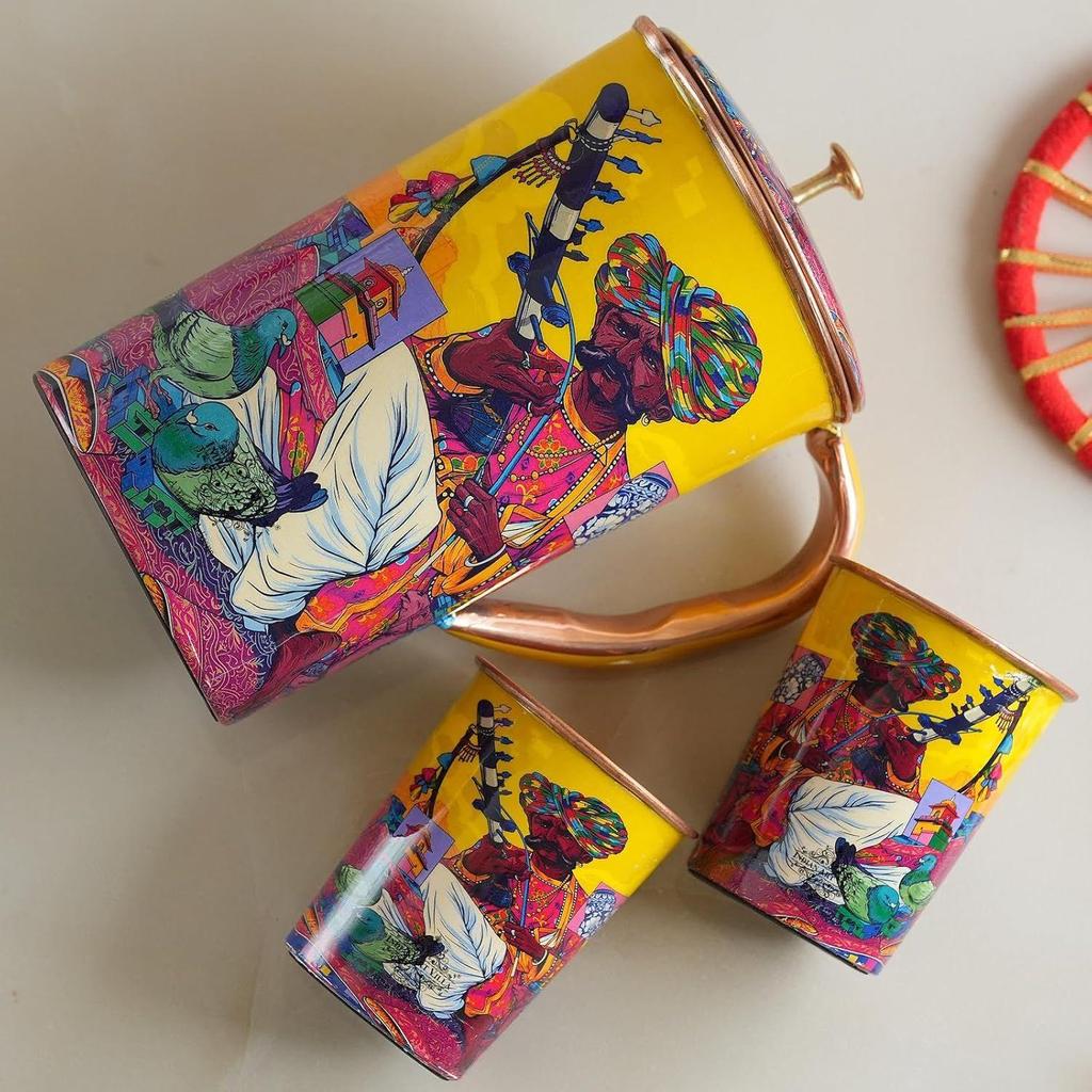 Meena Padharo Mhare Desh Theme Copper Gift Set of 1 Jug & 2 Glass - Perfect for Home, Office, and Gifting, Jug-1.5 Litre & Glass-270 ML Each