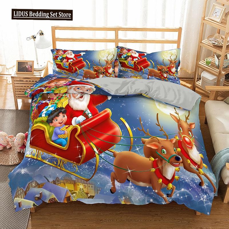 Red Christmas King Queen Duvet Cover Cartoon Santa Claus Bedding Set For Kid Boy Girl Happy Holiday 2/3pcs Polyester Quilt Cover