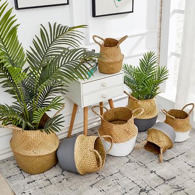 Haushalt Faltbare Natur Seegras Gewebte Aufbewahrungskörbe Garten Blumenvase Hängekorb mit Griff Aufbewahrung Bauchiger Korb