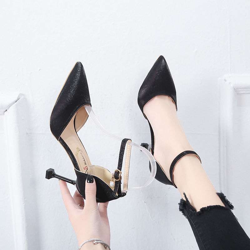 2025 summer new one-word buckle bag head sandals female French girl pointed head fairy wind stiletto sexy high heels