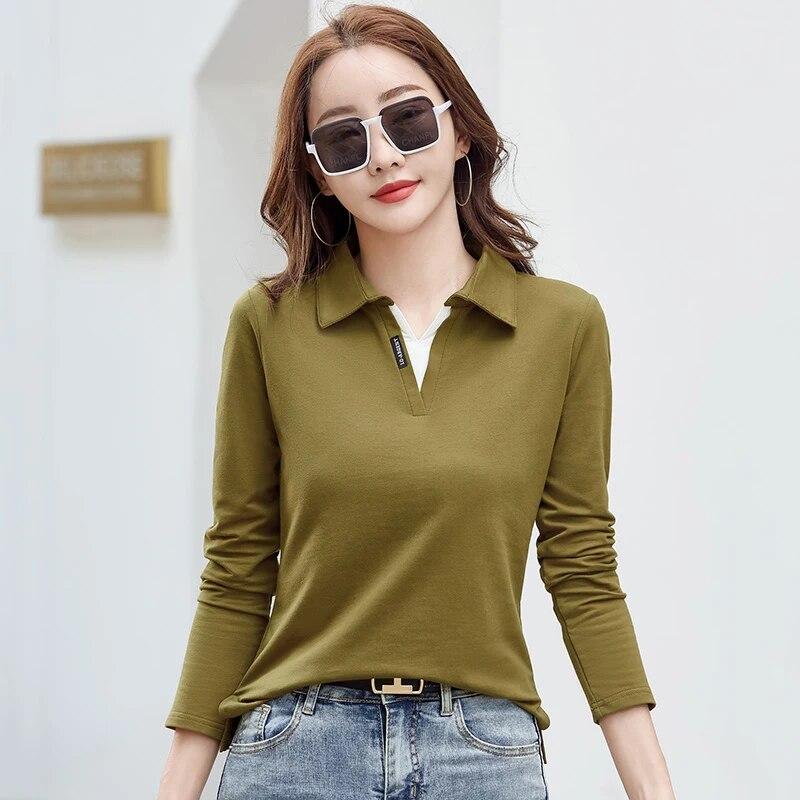 Herbst Damen Rollkragen Baumwolle Einfarbig Langarm T-Shirt Patchwork Damen Poloshirts für Damen
