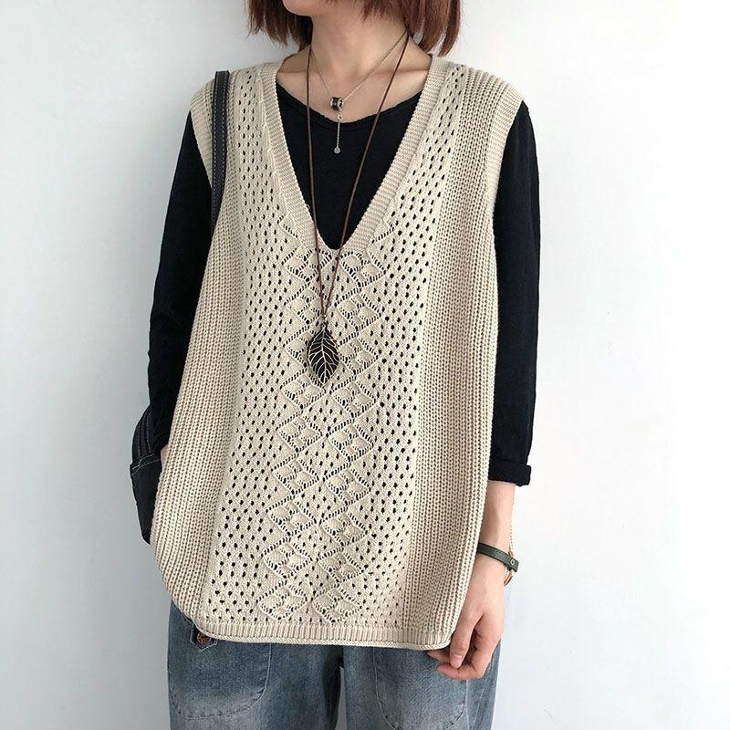 

Spring and Autumn Hollow Out Sleeveless Women Knitted Vest Sleeveless Sweater V-Neck Knitted Top Plus Size XS червоний