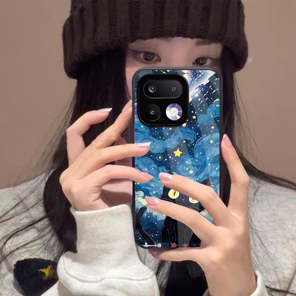 Etui do realme 16 Pro 5G Pro+ Anime Czarny Kot Gwiaździste Chmury Nadruk Pokrowiec na Telefon Akrylowy Twardy Tył Z Elastyczną Krawędzią TPU
