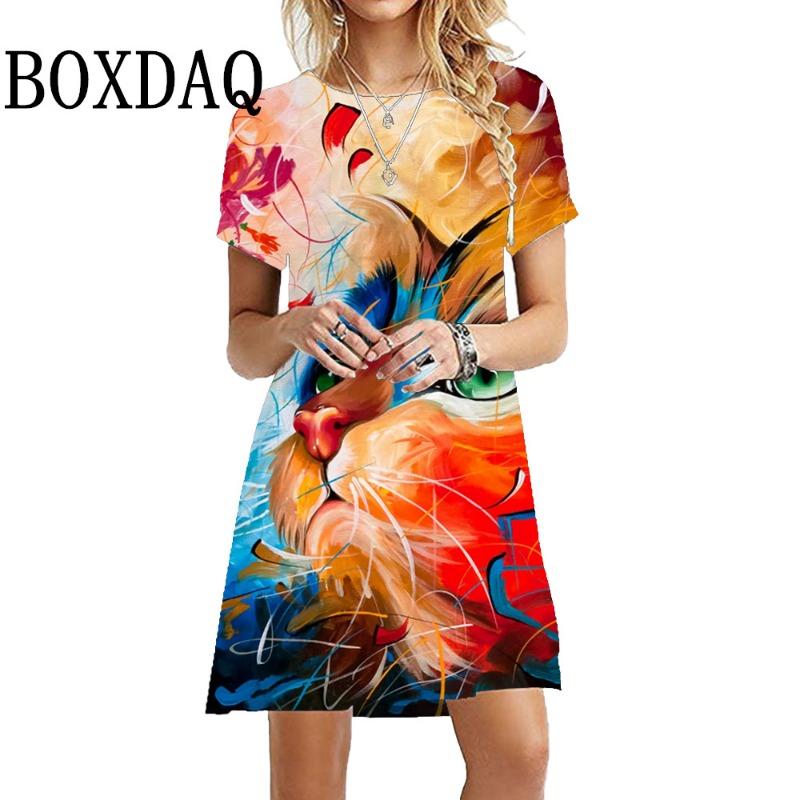 Oversized Short Sleeve Dress Summer O-Neck Women'S Dress Loose Kawaii Painting Cat Print Dress Harajuku Streetwear Hip Hop Dress