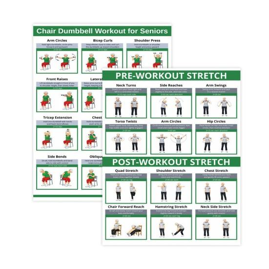 

2Pcs Chair Dumbbell Workout Poster for Seniors Low-Impact Seated Exercise Chart with Easy Routines Strength Flexibility Guide for Elderly Home Sets