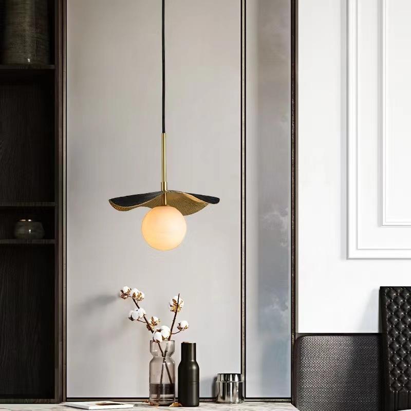 Simple and modern light luxury brass marble ball pendant light, Chinese creative copper art lotus leaf pendant light