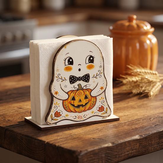 Teak Wood Napkin Stand Halloween Wooden Holder for Table Decor, Decorative Organizer Dispenser, Rustic Tabletop Cartoon Freestanding Paper Towel