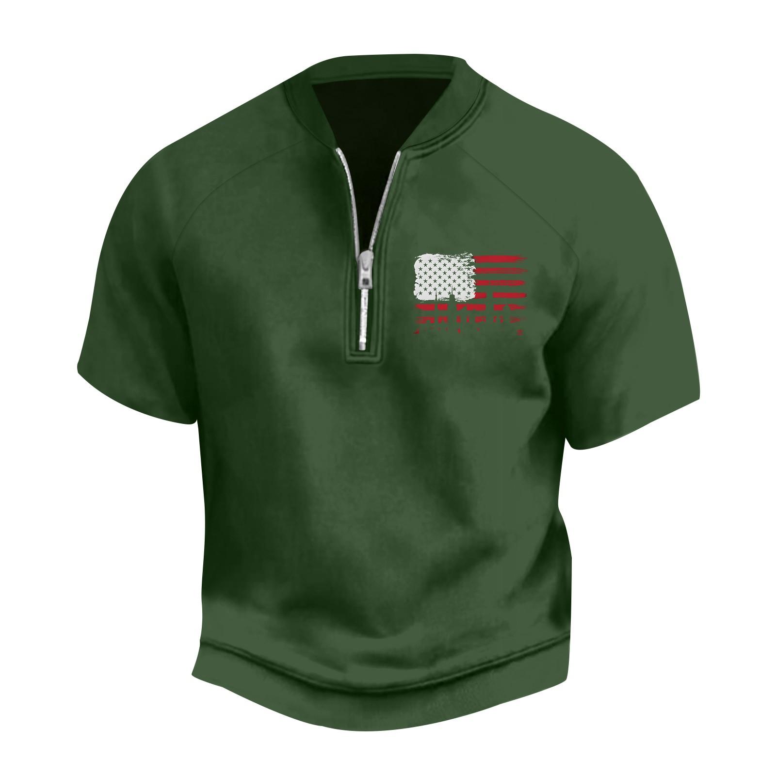 

Мужская летняя винтажная футболка с полумолнией и принтом флага Дня независимости с коротким рукавом L армия зеленый