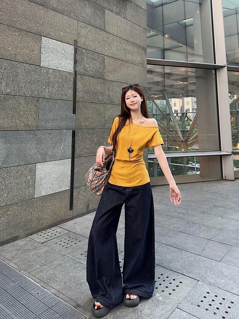 Korejské Niche Žluté Bodycon Tričko s Jedním Ramenem pro Ženy - Letní Top Zeštíhlující Pas