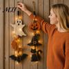Halloween Hanging Wood Signs 2Pcs Lighted Wall Decor, Wooden Ghost Bat Pumpkin Themed Room Decorations Sign with Jute Rope, Rustic Farmhouse Ornament