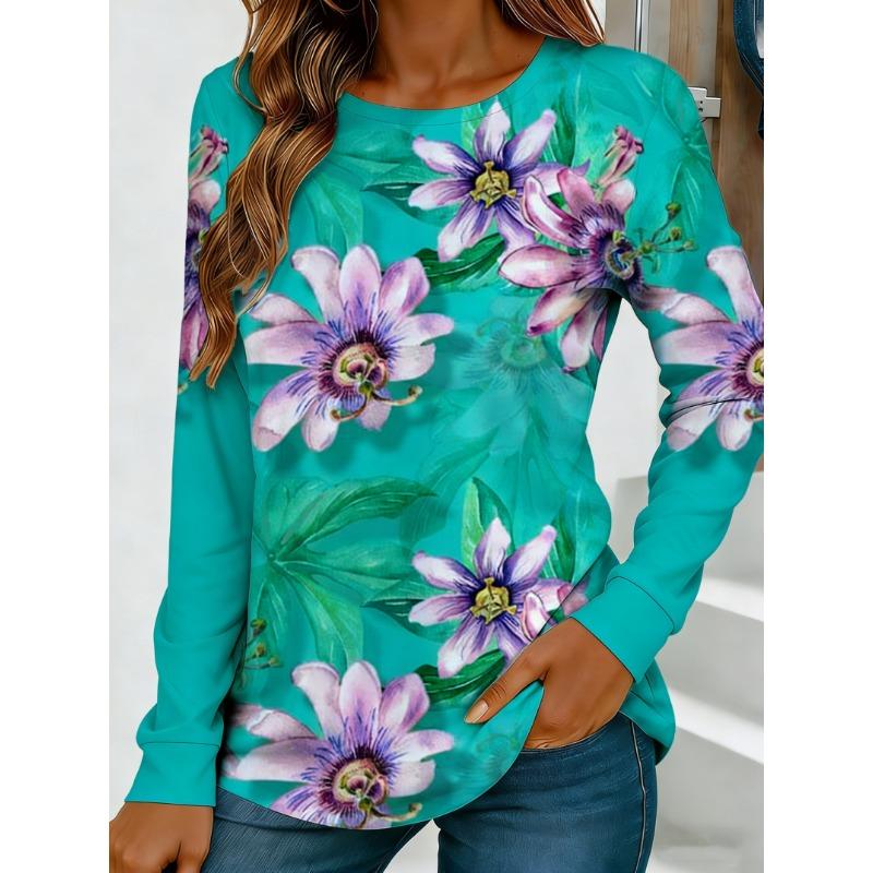 Women's Passionflower Print Long-Sleeved Loose-Fit Round Neck Top, Casual, Everyday, Stylish and Elegant