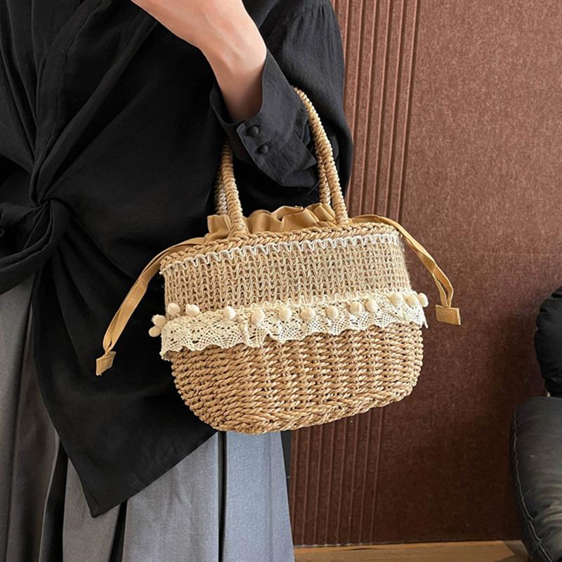 Yogodlns Women Straw Woven Bag Straw Tote Bag Large Capacity Weaving Shoulder Purse with Lace Woven Shopping HandBag Summer Beach Clutch
