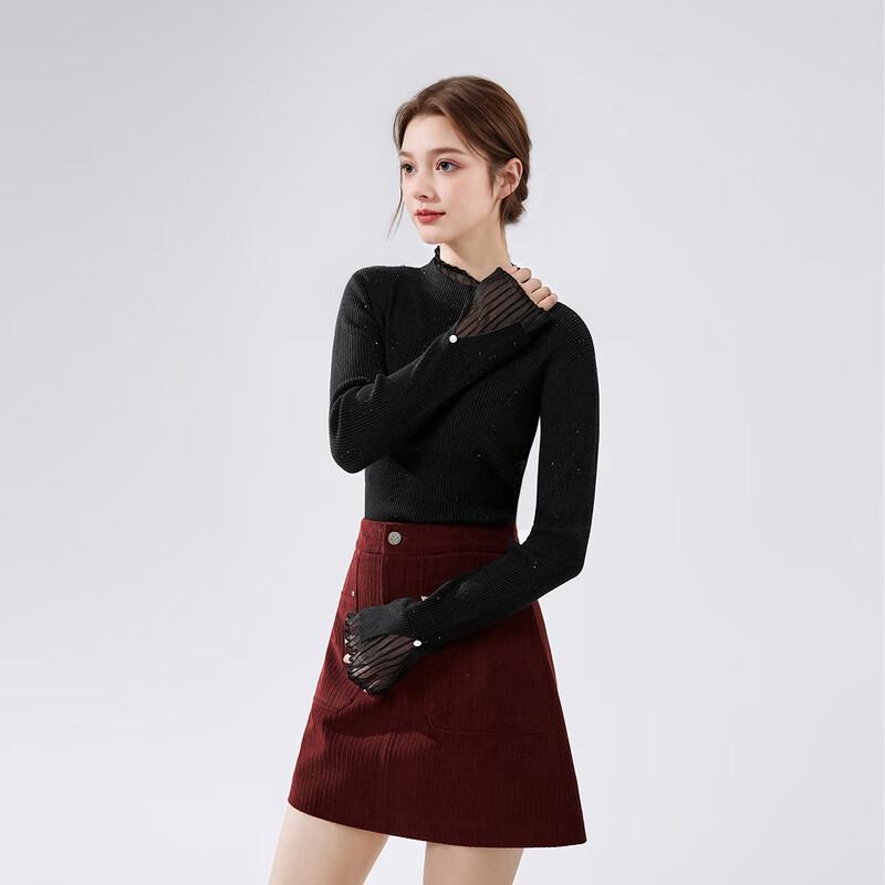 Elegant Mesh Panel Semi-High Neck Knit Top