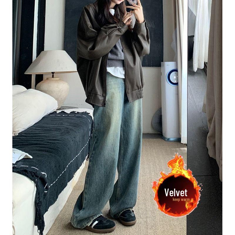 

Ретро джинсы с высокой посадкой, с потертостями, на флисовой подкладке, с широкими штанинами для женщин - Осень/Зима 2025 Extra Large синий