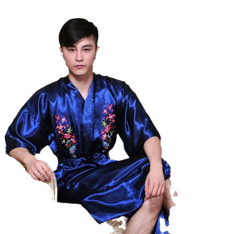 Men's Retro Long Dragon Embroidered Silk Tang Suit Pajama Robe