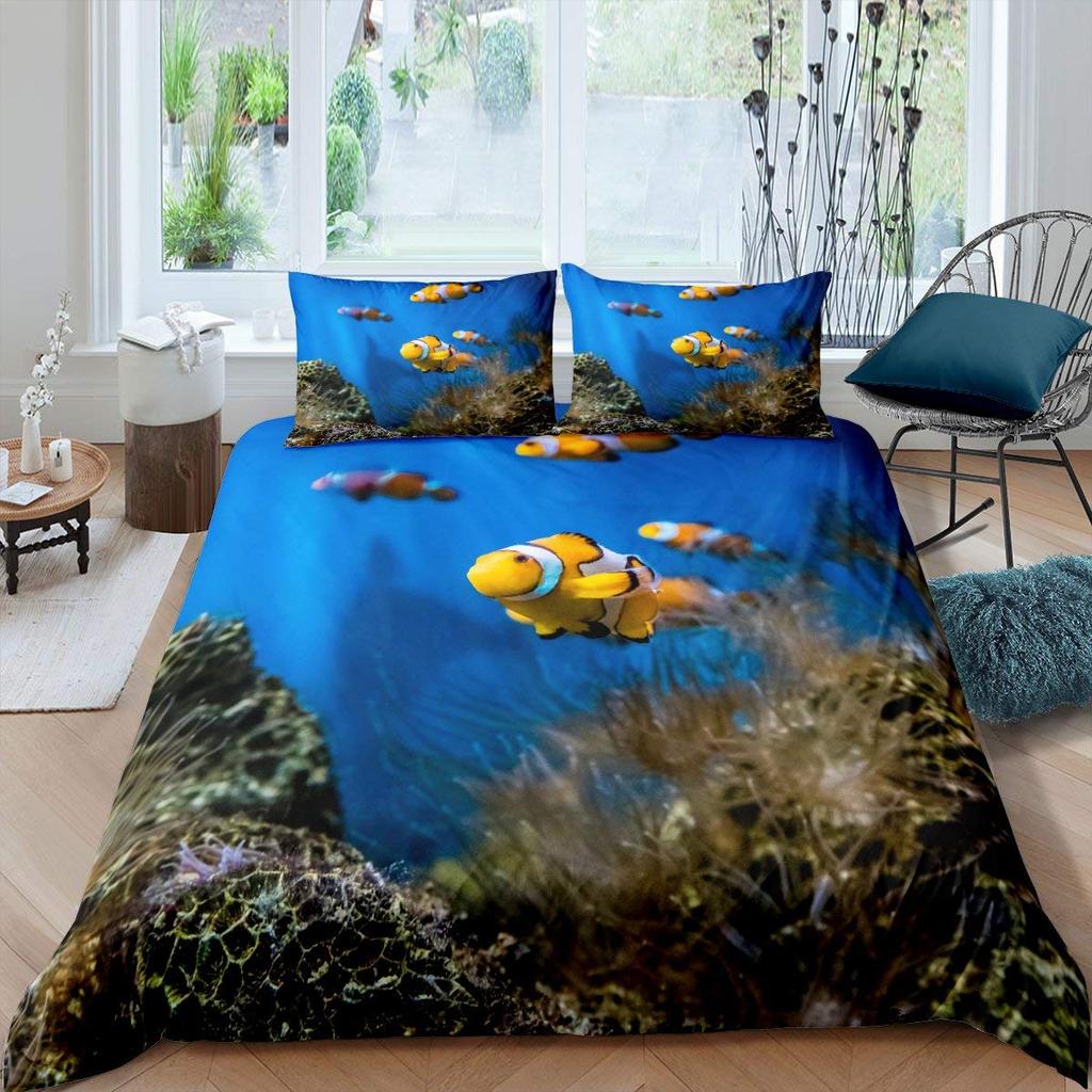 Fish Duvet Cover Set Ocean Bedding Sets 3D Printed Underwater World With Shark Dolphin Coral Reef Pattern Quilt Cover Set 2/3pcs