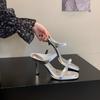 Premium Silver Square Head High-heeled Sandals Girl 2025 Summer New Thick-soled Stiletto Fairy Muller Shoes One-word Slippers