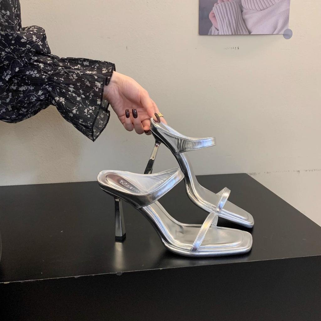 Premium Silver Square Head High-heeled Sandals Girl 2025 Summer New Thick-soled Stiletto Fairy Muller Shoes One-word Slippers