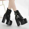 Fashion 14CM Women Chunky Ankle Boots Leather cosplay Round Toe Platform Knight Boots Shoes High Heels Black White Thick Heel Lace Up