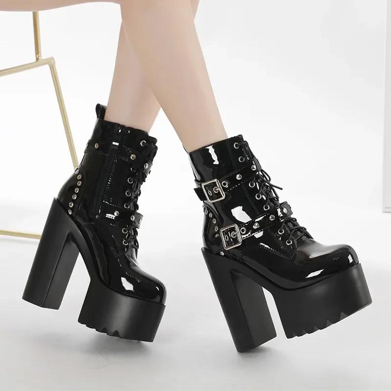 Fashion 14CM Women Chunky Ankle Boots Leather cosplay Round Toe Platform Knight Boots Shoes High Heels Black White Thick Heel Lace Up