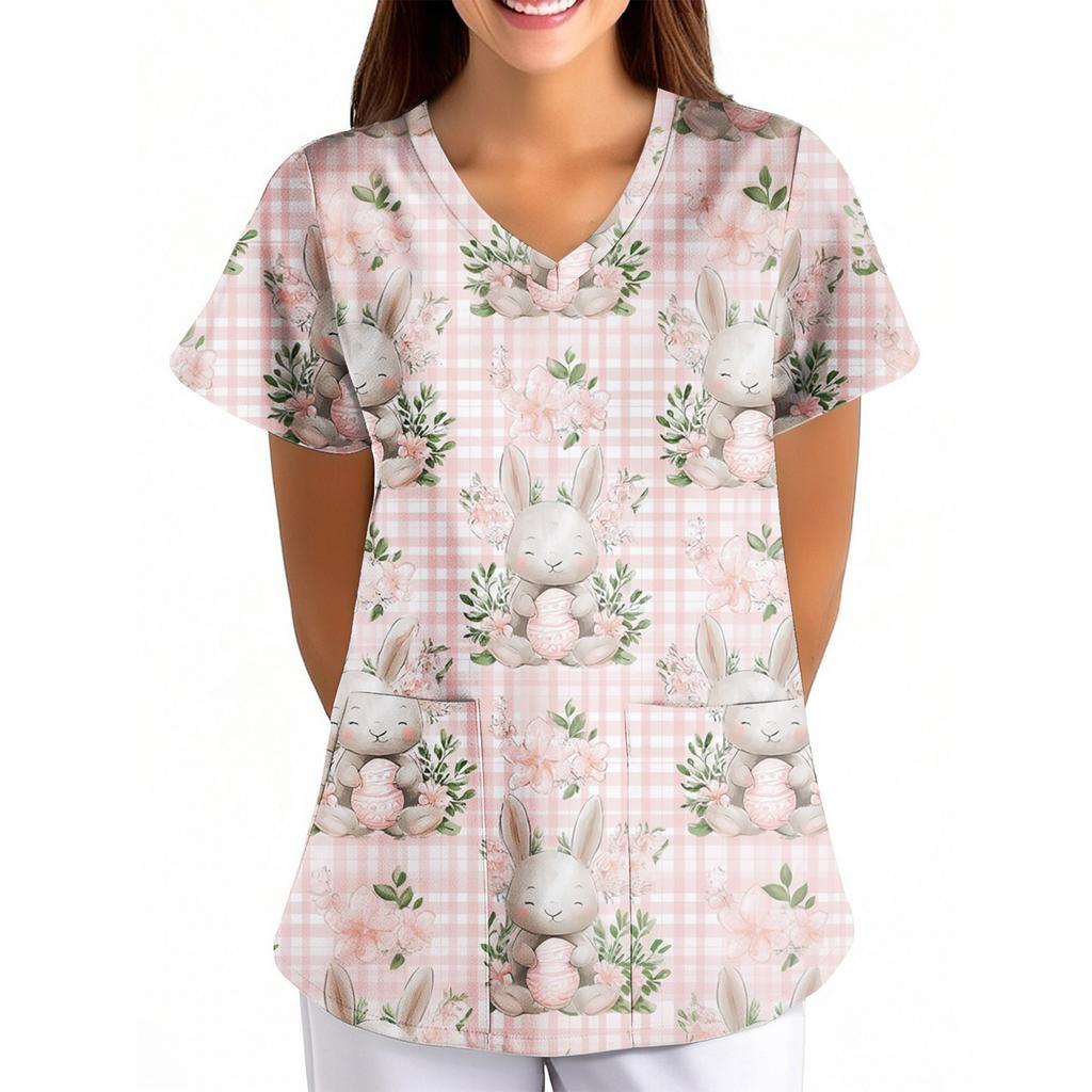 T-shirt à imprimé de Pâques pour femme, ample, col en V, avec poche, manches courtes, pour soignant/Uniforme