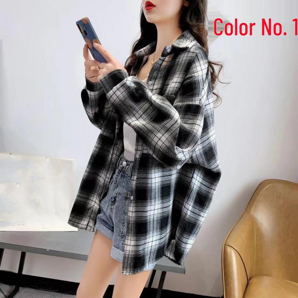 Women's Long Sleeve Plaid Shirt - Korean Style Loose Cotton, Mid-Length, Brushed Retro Jacket, Plus Size for Spring and Autumn.