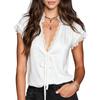 Damen Bluse mit kurzen Ärmeln, V-Ausschnitt und Spitzenbesatz, mit Bindung vorne, lässiger lockerer Schnitt, Top für den täglichen Gebrauch, Büro und Freizeit