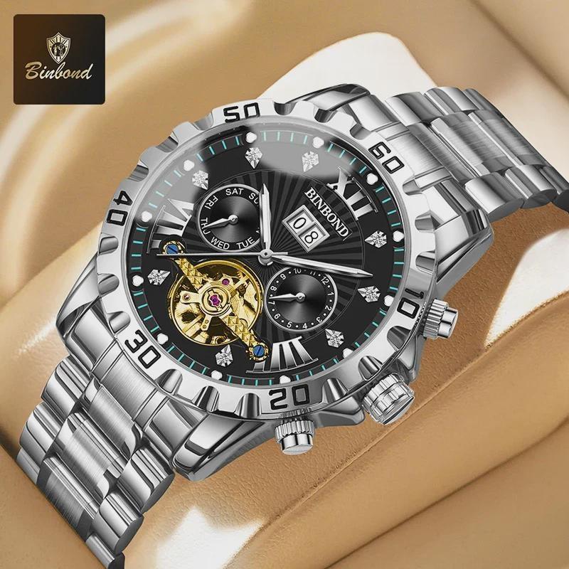 BINBOND Fashion Tourbillon Automatic Watch Men Luxury Skeleton Mechanical Wristwatch Stainless Steel Wristwatches