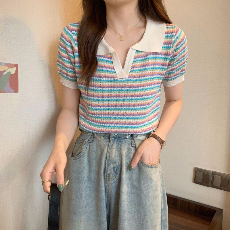Striped Thin Ice Silk Knitted Sweater Polo Collar Short Sleeved T-shirt for Women's Summer Short Top