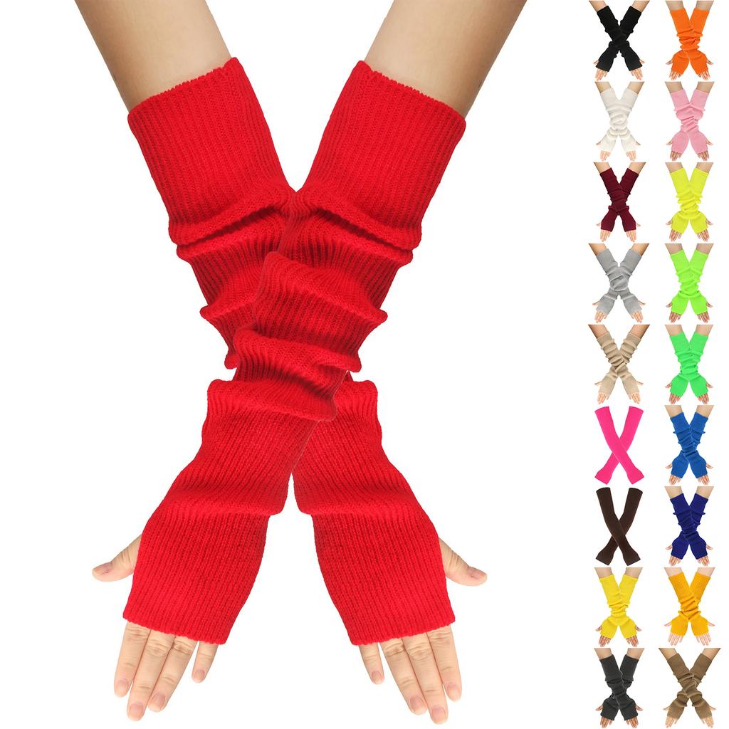 Women's Winter Warm Wool Gloves, Fingerless Long Sleeves, Solid Color, Extended Gloves