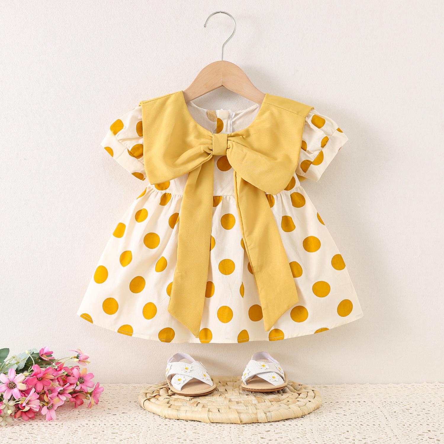 

Новые летние товары, хлопковое платье с короткими рукавами для девочки, большой лацкан, юбка в горошек 90cm жёлтый