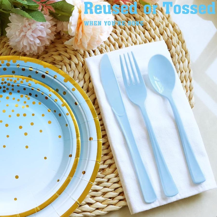 150 Pack Blue Plastic Silverware Light Blue Plastic Utensils Heavy Duty 50 Forks 50 Knives 50 Spoons for Birthday Wedding Baby